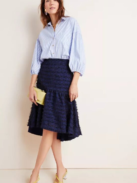 Anthropologie Dresses & Skirts - Maeve Anthropologie Miranda textured midi skirt size small navy black fringe